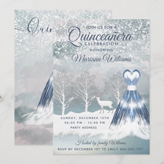 Waterverf winterscène blauwe jurk Quinceañera Kaart (Voorkant / Achterkant)