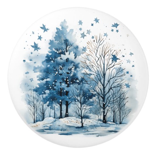 Waterverf winterscène in het bos keramische knop (Voorkant)