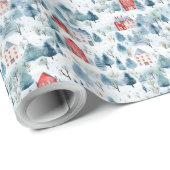 Waterverf winterscène Kerst rood huis bos Cadeaupapier (Rol Hoek)