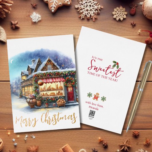 Waterverf Winterscène Vrolijk Kerstgoud Folie Feestdagenkaart