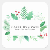 Waterverf winterse groene vakantie vierkante sticker (Voorkant)