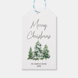 Waterverf wintersneeuw dennenbomen Vrolijk kerstfe Cadeaulabel