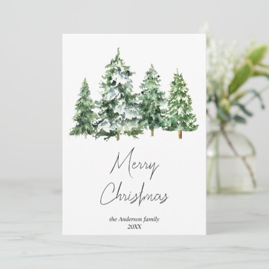 Waterverf wintersneeuw dennenbomen Vrolijk kerstfe Feestdagenkaart (Staand voorkant)
