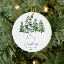 Waterverf wintersneeuw dennenbomen Vrolijk kerstfe Keramisch Ornament