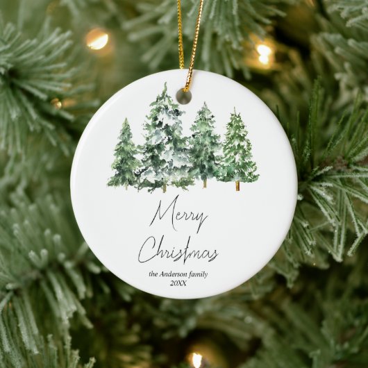 Waterverf wintersneeuw dennenbomen Vrolijk kerstfe Keramisch Ornament (Boom)