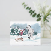 Waterverf wintersneeuw met meisje briefkaart (Staand voorkant)