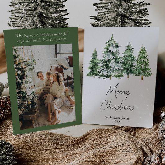 Waterverf Wintersneeuw Pijnbomen Foto Kerst Feestdagenkaart