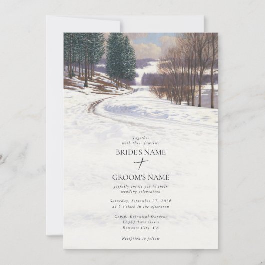 Waterverf wintersneeuwlandschap trouwfoto kaart (Voorkant)