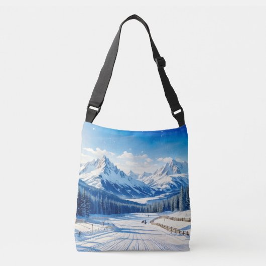 waterverf wintersport achtergrond besneeuwd crossbody tas (Voorkant)