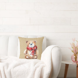 Waterverf winterteddybeer op polka dots kussen