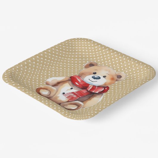 Waterverf winterteddybeer op polka dots papieren bordje (Gebogen)