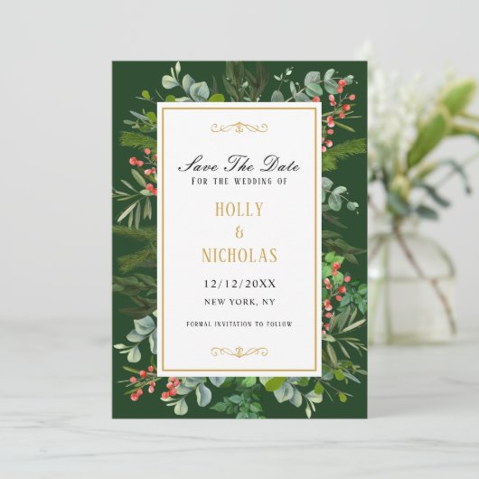 Waterverf wintervakantie bessen script save the date (Staand voorkant)