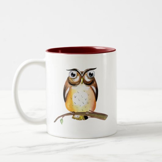 Waterverf Wise Owl op Branch Collectible Tweekleurige Koffiemok (Links)