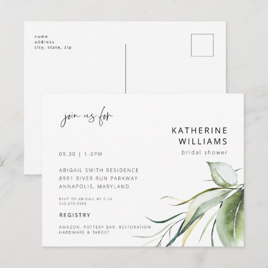 Waterverf Wispy Botanical Modern Vrijgezellenfeest Briefkaart (Voorkant / Achterkant)