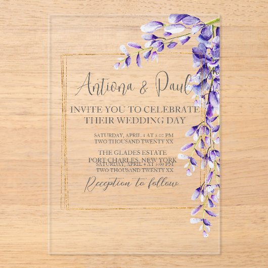 Waterverf Wisteria Blooms Wedding Acryl Uitnodigingen (Voorkant)