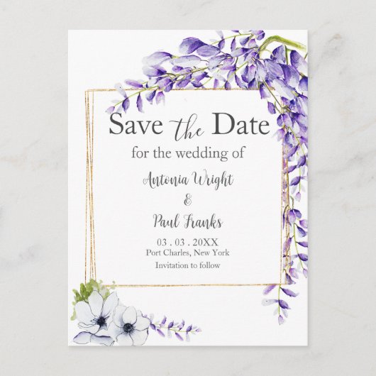 Waterverf Wisteria Blooms Wedding Save the Date Briefkaart (Voorkant)