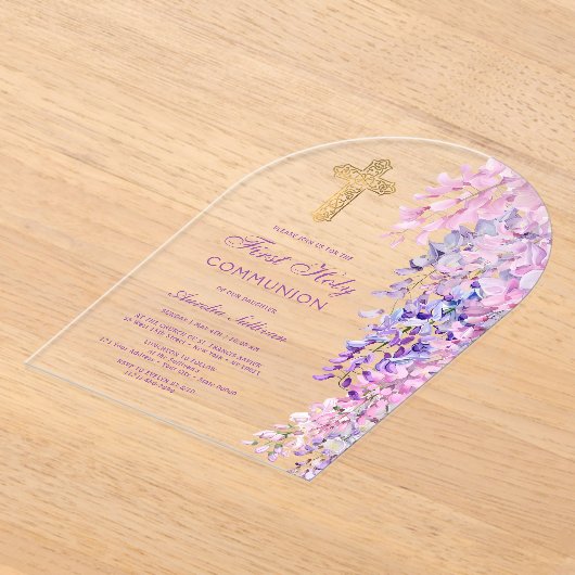 Waterverf Wisteria Boog Eerste Communie Acryl Uitnodigingen (Laagn)