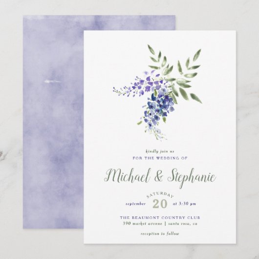 Waterverf Wisteria Bouquet Wedding Invitation Kaart (Voorkant / Achterkant)