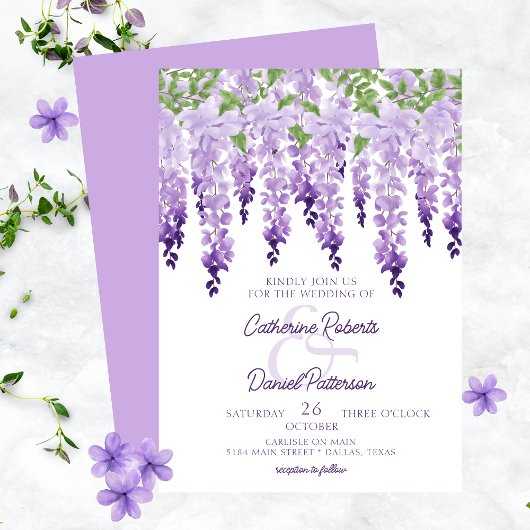 Waterverf Wisteria Floral Elegant Scipt Wedding Kaart
