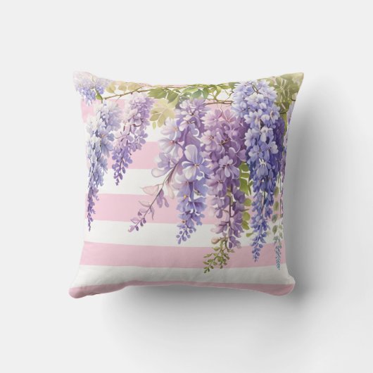 Waterverf wisteria floral roze gestript kussen (Achterkant)