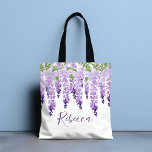 Waterverf Wisteria gepersonaliseerde naam Tote Bag<br><div class="desc">Dit ontwerp heeft elegante waterverf wisteria bloemen in zacht lavendel en paarse met groene bladeren op een witte achtergrond met jouw naam hieronder in stijlvol paarse schrift. Personaliseer door de tekst in het tekstvak te bewerken. Ontworpen voor jou door Evco Studio www.zazzle.com/store/evcostudio #wedding #batmitzvah #party #gifts #tas #bags #totebags #accessoires...</div>