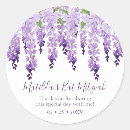 Waterverf Wisteria Hartelijk dank | Bat Mitzvah Ronde Sticker (Voorkant)