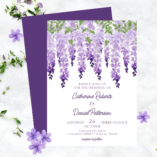 Waterverf Wisteria Lila Moderne Scriptie Bruiloft Kaart