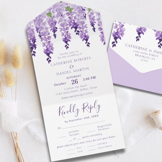 Waterverf Wisteria Paarse Lila Floral Wedding All In One Uitnodiging