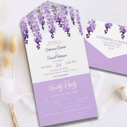 Waterverf Wisteria Paarse Lila Floral Wedding All In One Uitnodiging