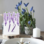 Waterverf Wisteria Persoonlijk tabelnummer Kaart<br><div class="desc">Dit ontwerp bevat elegante waterverf wisteria-bloemen in zacht lavendel en paars met groene bladeren op een witte achtergrond met uw tafelnummer hieronder in elegante paarse kalligrafie. Coördinaten met ons Waterverf Wisteria Wedding Collectie. NOTA: Gelieve te passen met lijstaantallen één voor één aan en toe te voegen aan individueel karretje. Speciaal...</div>