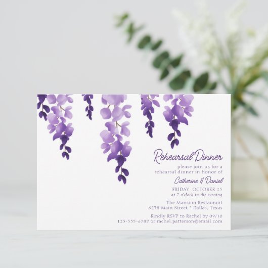 Waterverf Wisteria Wedding Rehearsal Dinner Informatiekaartje (Staand voorkant)