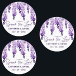Waterverf Wisteria Wedding Spread The Love Script Labels<br><div class="desc">Waterverf Wisteria Wedding Spread The Love Script Favor Labels bevat elegante waterverf wisteria bloemen in zacht lavendel en paars met groene bladeren op een witte achtergrond met je trouwdankwoord en de onderstaande datum. Aan de andere kant is een zacht lila. Personaliseer door de tekst in de tekstvakjes uit te geven....</div>