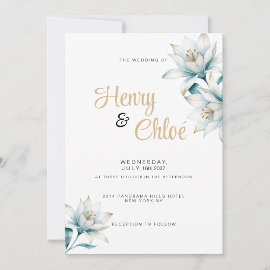 Waterverf wit blauw goud lelie bloemenbruiloft kaart (Voorkant)