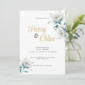 Waterverf wit blauw goud lelie bloemenbruiloft kaart (Staand voorkant)