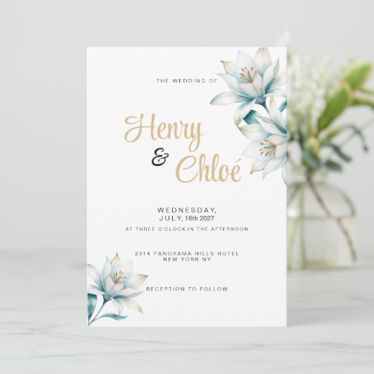 Waterverf wit blauw goud lelie bloemenbruiloft kaart (Staand voorkant)