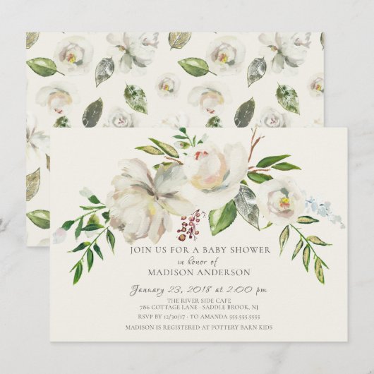 Waterverf Wit Bloemen Baby shower Invitation Kaart (Voorkant / Achterkant)