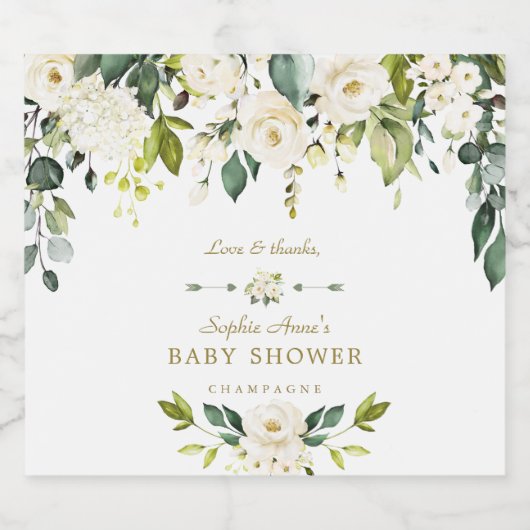 Waterverf wit bloemen Baby shower Sparkling Wijnetiket (Enkel label)