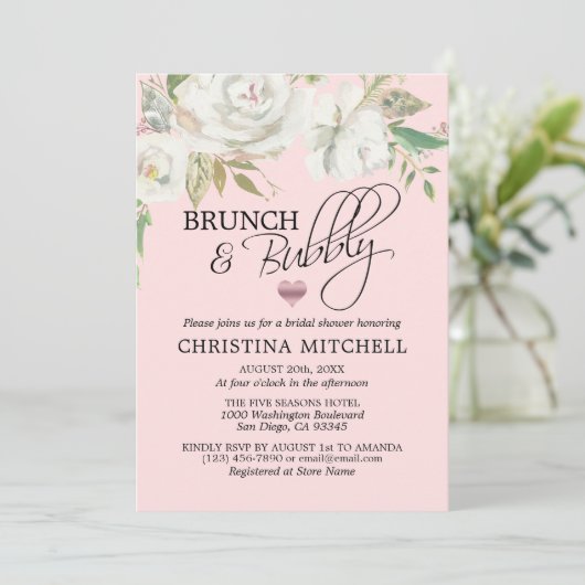 Waterverf Wit Bloemen Blush Roze Brunch & Bubbly Kaart (Staand voorkant)