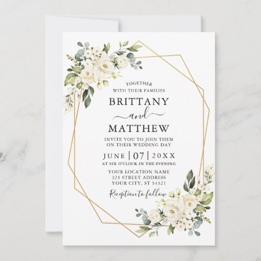 Waterverf Wit Bloemen Geo Lijst Foto Bruiloft Kaart (Voorkant)