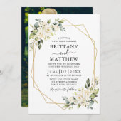 Waterverf Wit Bloemen Geo Lijst Foto Bruiloft Kaart (Voorkant / Achterkant)