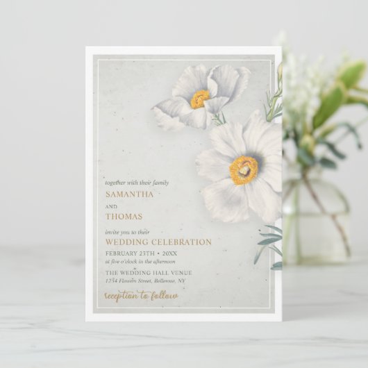 Waterverf  wit bloemen gouden bruiloft kaart (Staand voorkant)