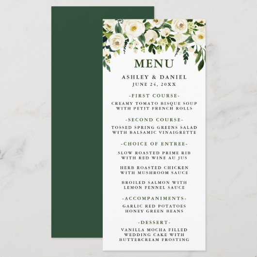 Waterverf Wit Bloemen Groen Bruiloft Menu (Voorkant / Achterkant)