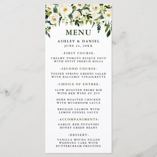 Waterverf Wit Bloemen Groen Bruiloft Menu (Voorkant)