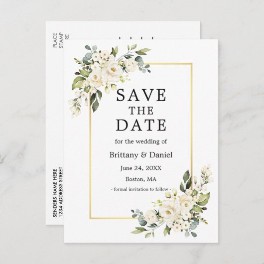 Waterverf Wit Bloemengoud Save the Date Briefkaart (Voorkant / Achterkant)