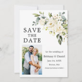 Waterverf wit bloemengroen foto save the date (Voorkant)