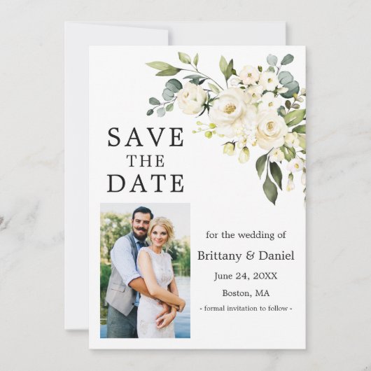 Waterverf wit bloemengroen foto save the date (Voorkant)