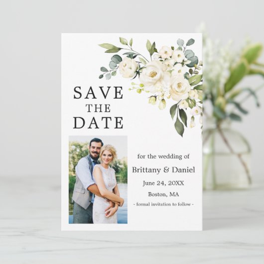 Waterverf wit bloemengroen foto save the date (Staand voorkant)