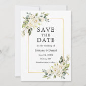 Waterverf wit bloemengroen goud save the date (Voorkant)