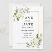Waterverf wit bloemengroen gouden foto save the date (Voorkant)