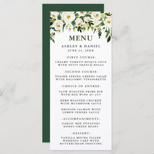 Waterverf Wit Bloemig Groene Huwelijksmenu Menu (Voorkant / Achterkant)